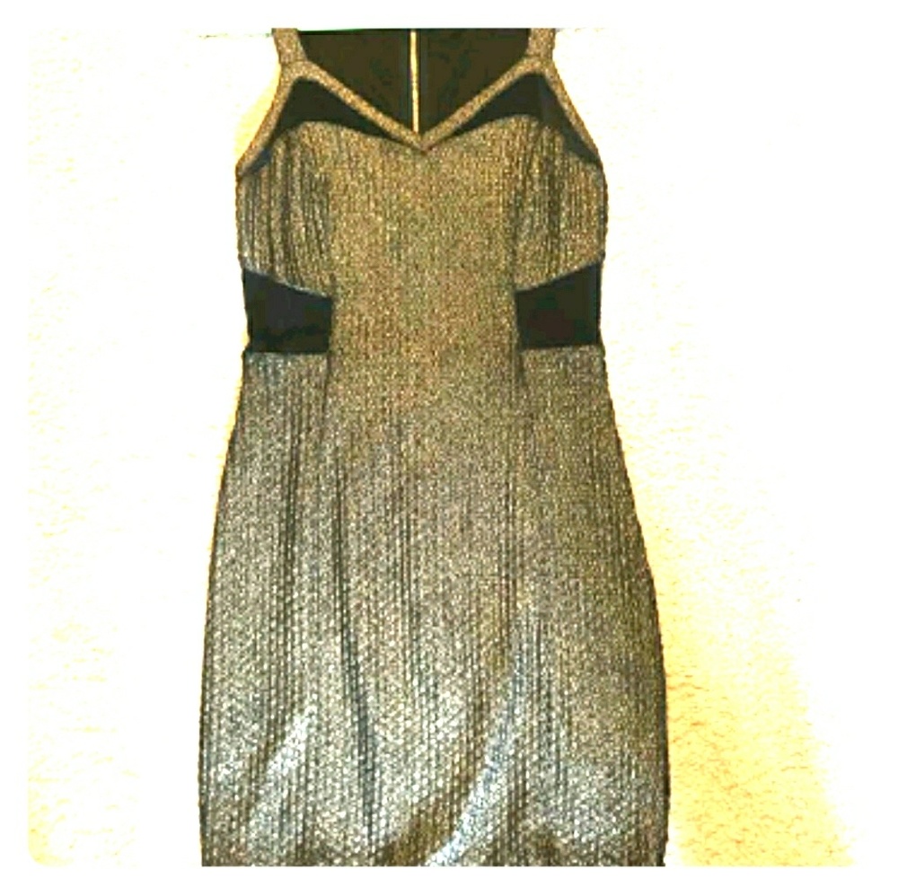 Express Metallic Gold Dress W/ Sheer Black Detail